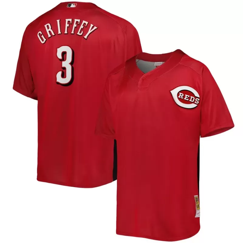 Men's Cincinnati Reds Ken Griffey Jr. Mitchell & Ness Red Cooperstown Collection Mesh Batting Practice Button-Up Jersey Men's Cincinnati Reds Ken Griffey Jr. Mitchell & Ness Red Cooperstown Collection Mesh Batting Practice Button-Up Jersey