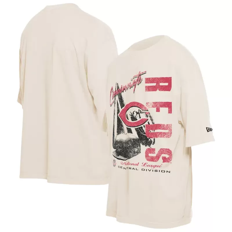 Men's Cincinnati Reds New Era Cream Cooperstown Collection Oversized Throwback Distressed T-Shirt
