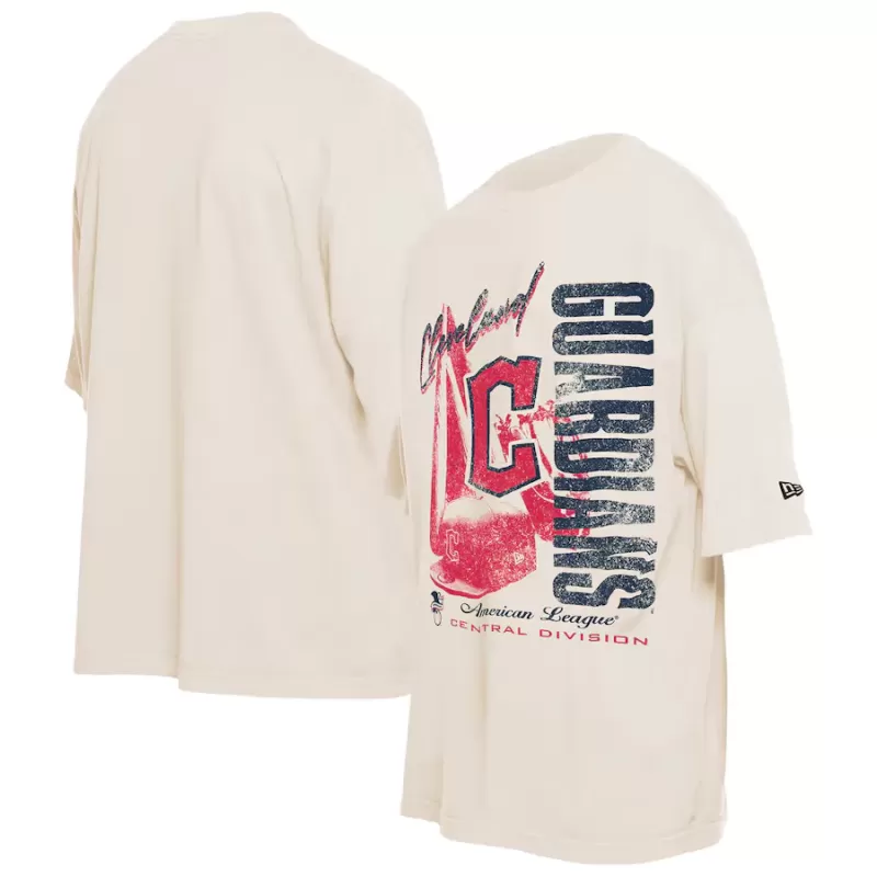 Men's Cleveland Guardians New Era Cream Cooperstown Collection Oversized Throwback Distressed T-Shirt Men's Cleveland Guardians New Era Cream Cooperstown Collection Oversized Throwback Distressed T-Shirt