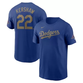 Men's Los Angeles Dodgers Clayton Kershaw Nike Royal 2025 Gold Collection Name & Number T-Shirt Men's Los Angeles Dodgers Clayton Kershaw Nike Royal 2025 Gold Collection Name & Number T-Shirt