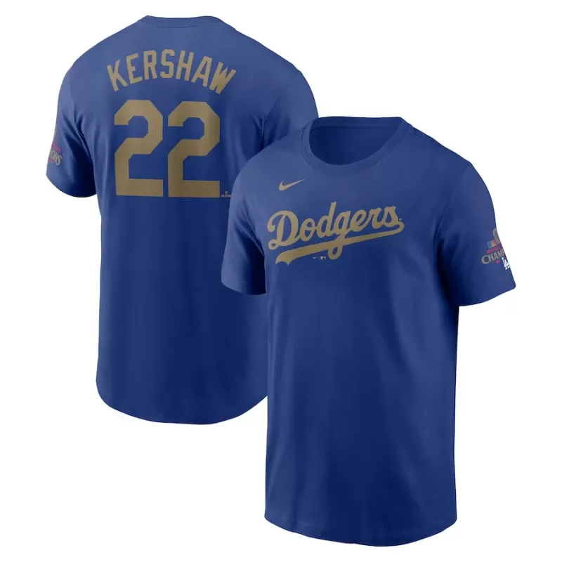 Men's Los Angeles Dodgers Clayton Kershaw Nike Royal 2025 Gold Collection Name & Number T-Shirt Men's Los Angeles Dodgers Clayton Kershaw Nike Royal 2025 Gold Collection Name & Number T-Shirt