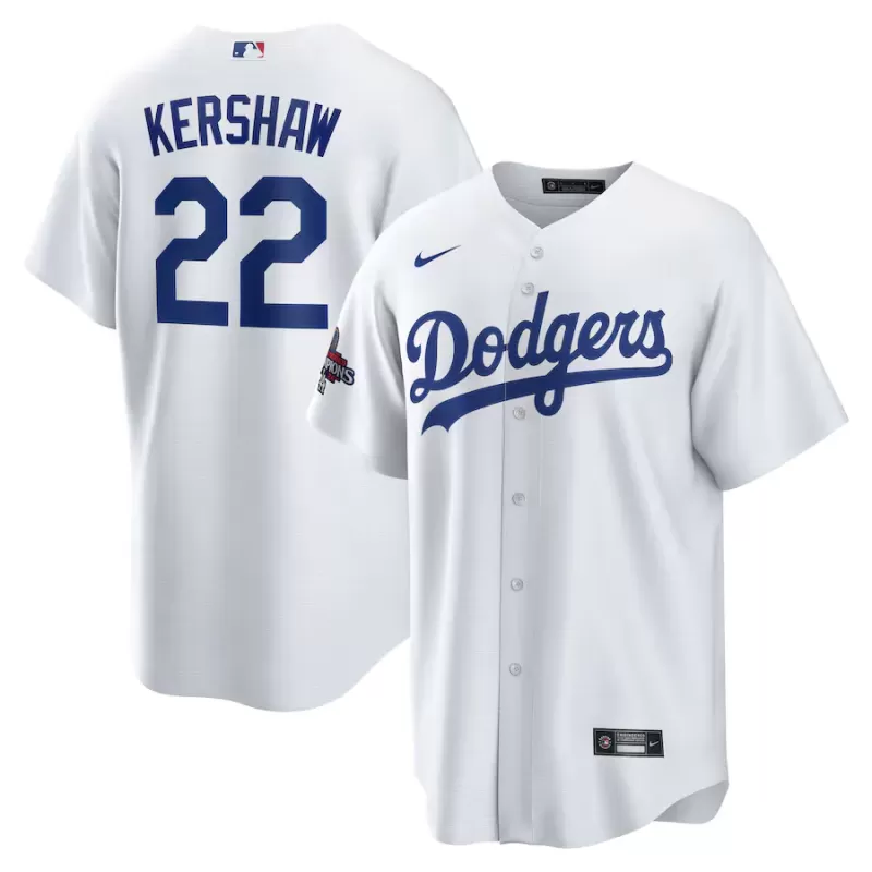 Men's Los Angeles Dodgers Clayton Kershaw Nike White 2024 World Series Champions Home Replica Player Jersey Men's Los Angeles Dodgers Clayton Kershaw Nike White 2024 World Series Champions Home Replica Player Jersey