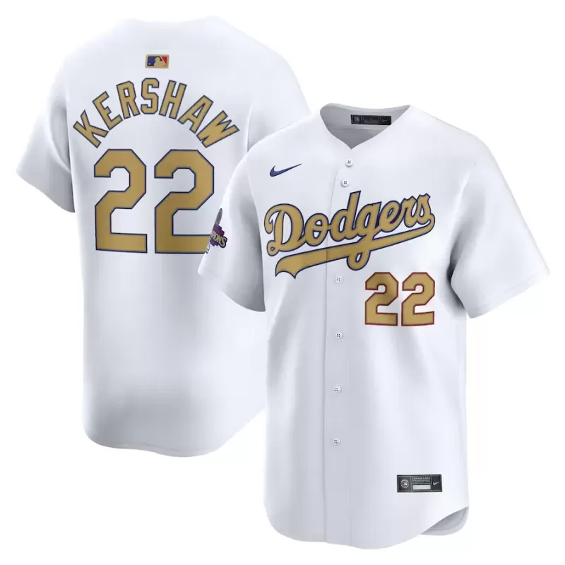 Men's Los Angeles Dodgers Clayton Kershaw Nike White 2025 Gold Collection Limited Jersey Men's Los Angeles Dodgers Clayton Kershaw Nike White 2025 Gold Collection Limited Jersey