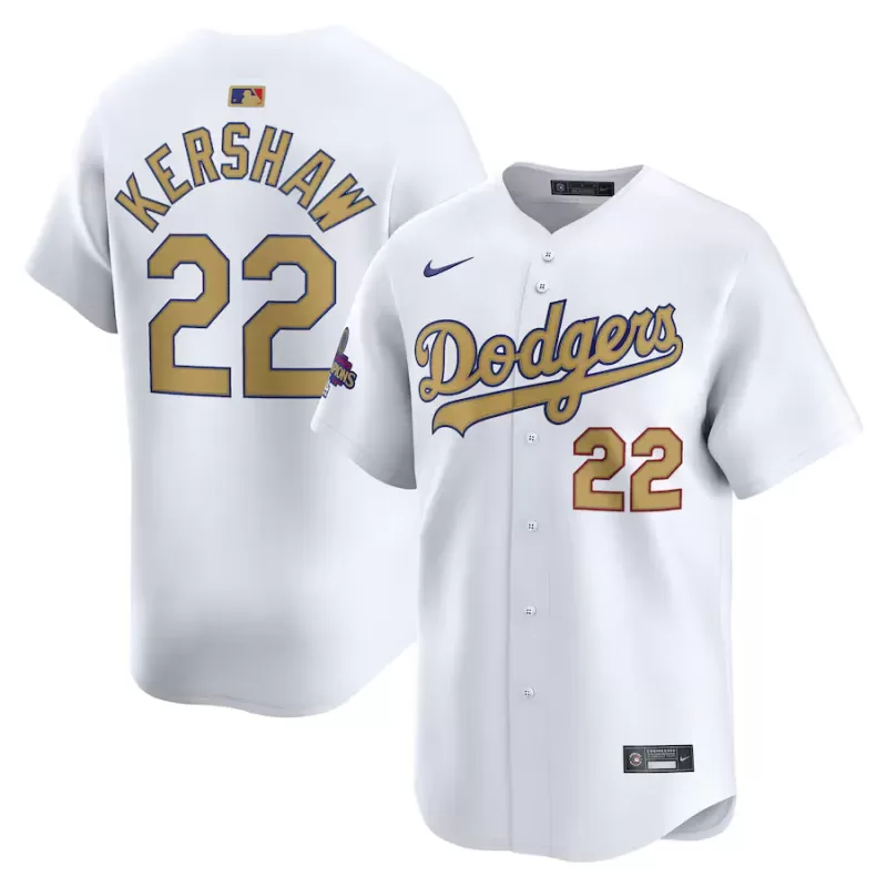 Men's Los Angeles Dodgers Clayton Kershaw Nike White 2025 Gold Collection Limited Jersey Men's Los Angeles Dodgers Clayton Kershaw Nike White 2025 Gold Collection Limited Jersey