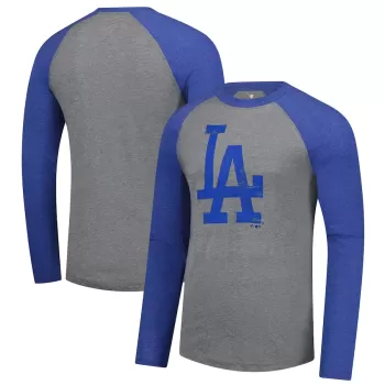 Men's Los Angeles Dodgers Fanatics Heather Gray/Heather Royal Weathered Logo Tri-Blend Raglan Long Sleeve T-Shirt Men's Los Angeles Dodgers Fanatics Heather Gray/Heather Royal Weathered Logo Tri-Blend Raglan Long Sleeve T-Shirt