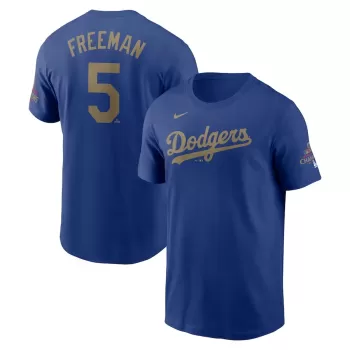Men's Los Angeles Dodgers Freddie Freeman Nike Royal 2025 Gold Collection Name & Number T-Shirt Men's Los Angeles Dodgers Freddie Freeman Nike Royal 2025 Gold Collection Name & Number T-Shirt