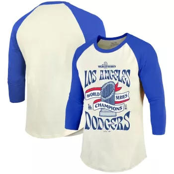 Men's Los Angeles Dodgers Majestic Threads Cream/Royal 2024 World Series Champions 3/4-Sleeve Raglan Tri-Blend T-Shirt Men's Los Angeles Dodgers Majestic Threads Cream/Royal 2024 World Series Champions 3/4-Sleeve Raglan Tri-Blend T-Shirt