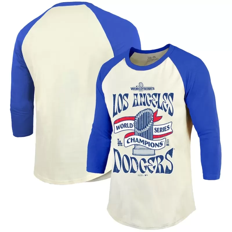 Men's Los Angeles Dodgers Majestic Threads Cream/Royal 2024 World Series Champions 3/4-Sleeve Raglan Tri-Blend T-Shirt