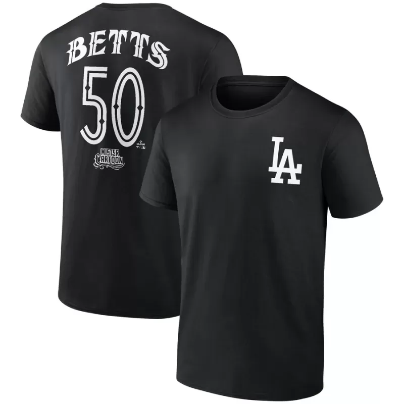 Men's Los Angeles Dodgers Mookie Betts Black Mister Cartoon Name & Number T-Shirt Men's Los Angeles Dodgers Mookie Betts Black Mister Cartoon Name & Number T-Shirt