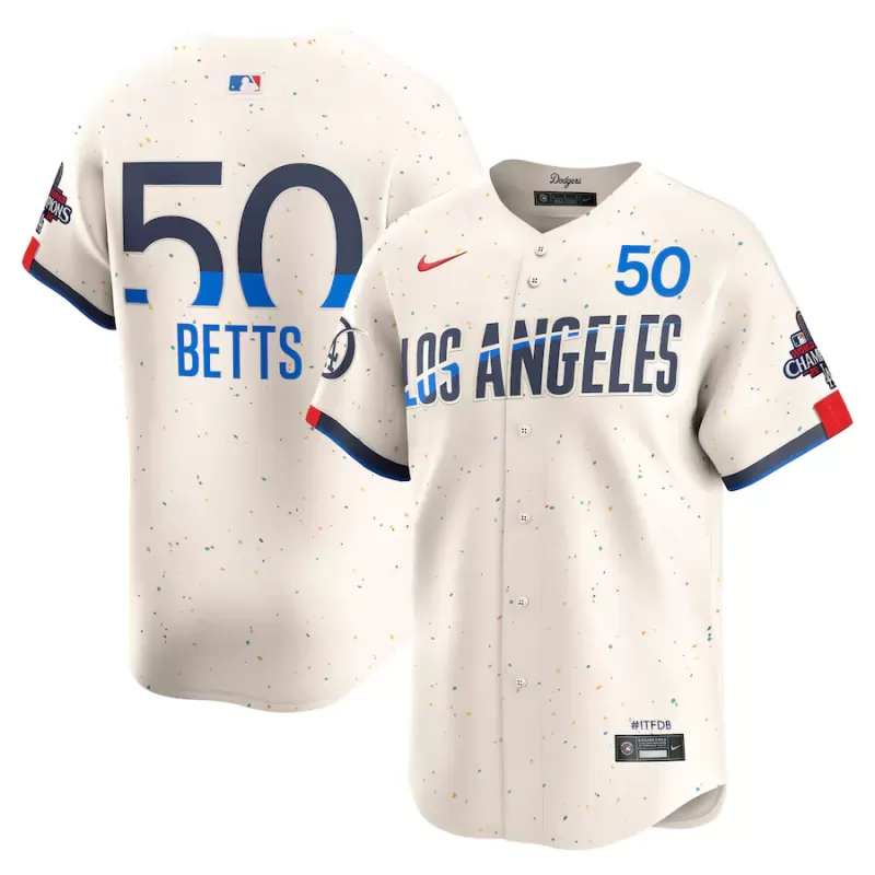 Men's Los Angeles Dodgers Mookie Betts Nike Cream 2024 World Series Champions City Connect Limited Player Jersey Men's Los Angeles Dodgers Mookie Betts Nike Cream 2024 World Series Champions City Connect Limited Player Jersey