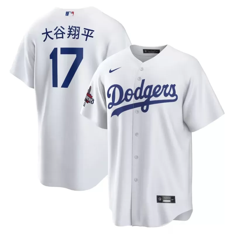 Men's Los Angeles Dodgers Shohei Ohtani Nike White 2024 World Series Champions Home Japanese Characters Replica Player Jersey Men's Los Angeles Dodgers Shohei Ohtani Nike White 2024 World Series Champions Home Japanese Characters Replica Player Jersey