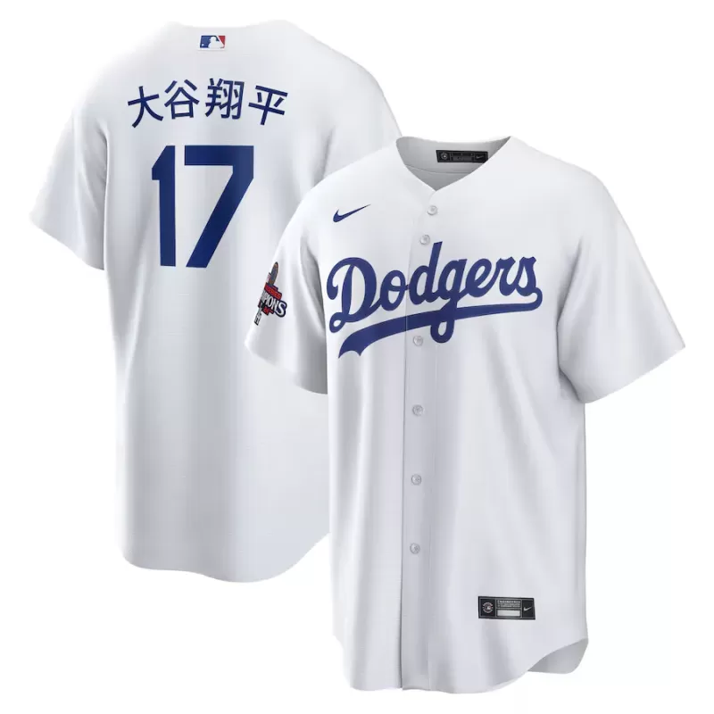 Men's Los Angeles Dodgers Shohei Ohtani Nike White 2024 World Series Champions Home Japanese Characters Replica Player Jersey Men's Los Angeles Dodgers Shohei Ohtani Nike White 2024 World Series Champions Home Japanese Characters Replica Player Jersey