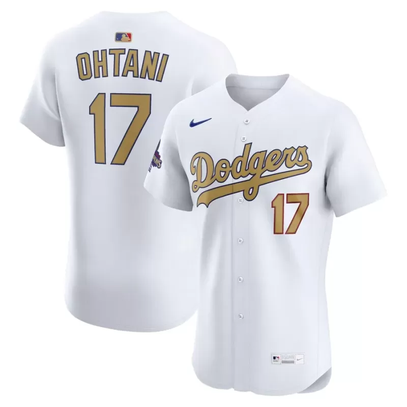 Men's Los Angeles Dodgers Shohei Ohtani Nike White 2025 Gold Collection Elite Jersey Men's Los Angeles Dodgers Shohei Ohtani Nike White 2025 Gold Collection Elite Jersey