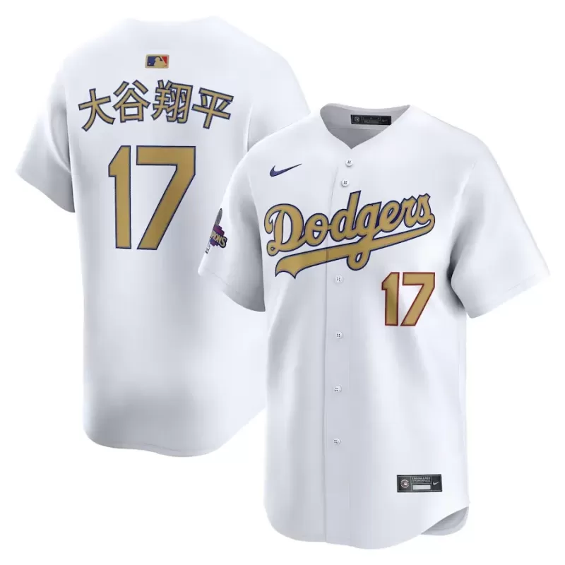 Men's Los Angeles Dodgers Shohei Ohtani Nike White 2025 Gold Collection Kanji Limited Jersey Men's Los Angeles Dodgers Shohei Ohtani Nike White 2025 Gold Collection Kanji Limited Jersey