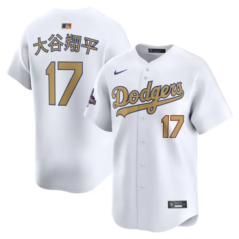 Men's Los Angeles Dodgers Shohei Ohtani Nike White 2025 Gold Collection Kanji Limited Jersey Men's Los Angeles Dodgers Shohei Ohtani Nike White 2025 Gold Collection Kanji Limited Jersey