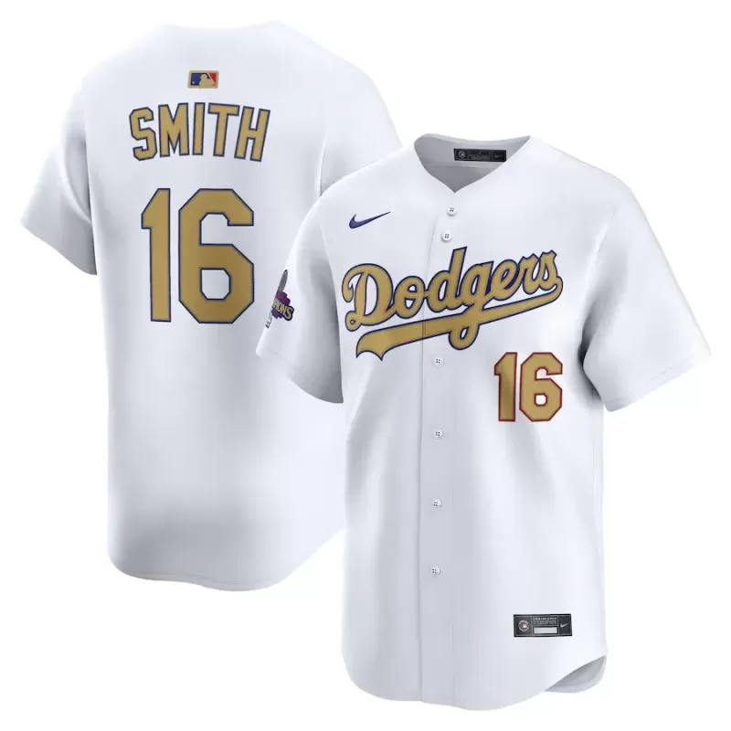 Men's Los Angeles Dodgers Will Smith Nike White 2025 Gold Collection Limited Jersey Men's Los Angeles Dodgers Will Smith Nike White 2025 Gold Collection Limited Jersey