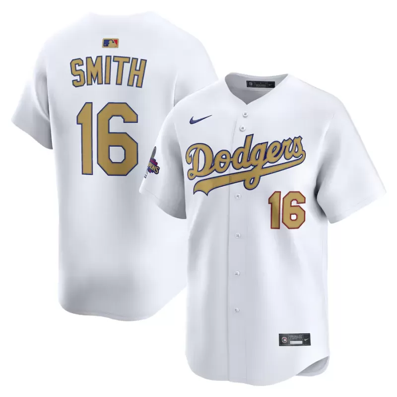 Men's Los Angeles Dodgers Will Smith Nike White 2025 Gold Collection Limited Jersey Men's Los Angeles Dodgers Will Smith Nike White 2025 Gold Collection Limited Jersey