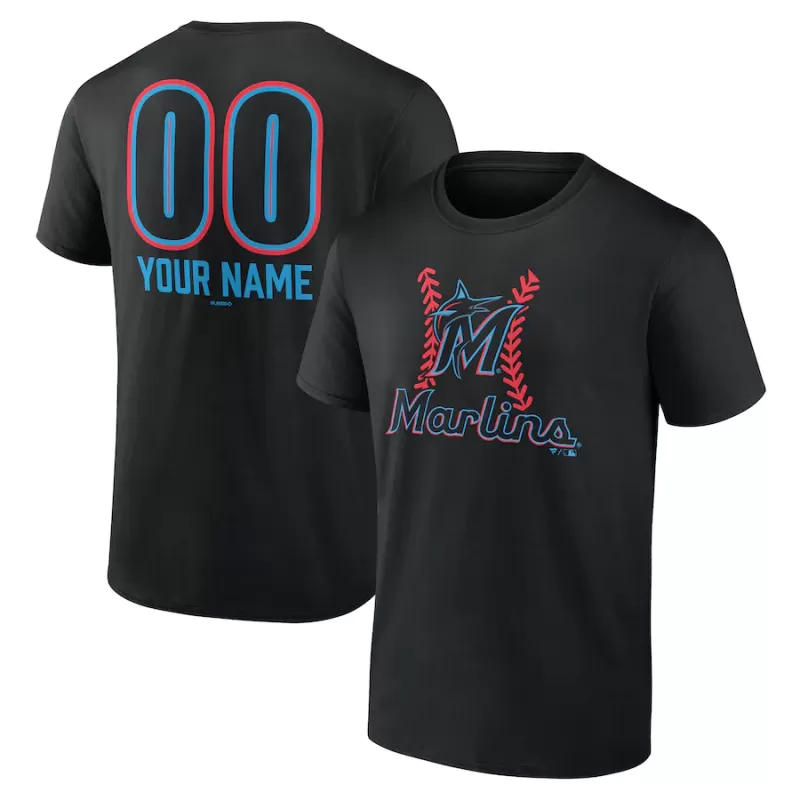 Men's Miami Marlins Black Personalized Name & Number Fastball T-Shirt Men's Miami Marlins Black Personalized Name & Number Fastball T-Shirt