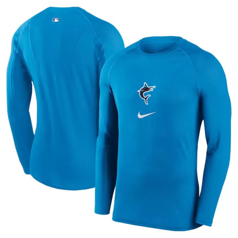 Men's Miami Marlins Nike Blue City Connect Base Layer Raglan Long Sleeve Performance T-Shirt Men's Miami Marlins Nike Blue City Connect Base Layer Raglan Long Sleeve Performance T-Shirt
