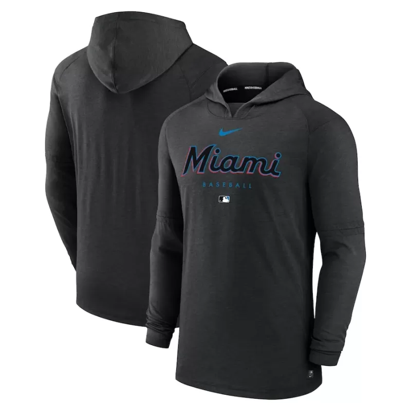 Men's Miami Marlins Nike Heather Black Authentic Collection Early Work Tri-Blend Performance Pullover Hoodie Men's Miami Marlins Nike Heather Black Authentic Collection Early Work Tri-Blend Performance Pullover Hoodie