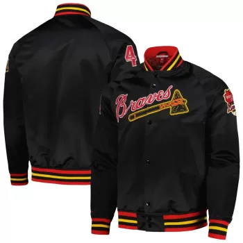 Men's Milwaukee Braves Hank Aaron Mitchell & Ness Black Cooperstown Collection Legends Lightweight Satin Raglan Full-Snap Jacket Men's Milwaukee Braves Hank Aaron Mitchell & Ness Black Cooperstown Collection Legends Lightweight Satin Raglan Full-Snap Jacket