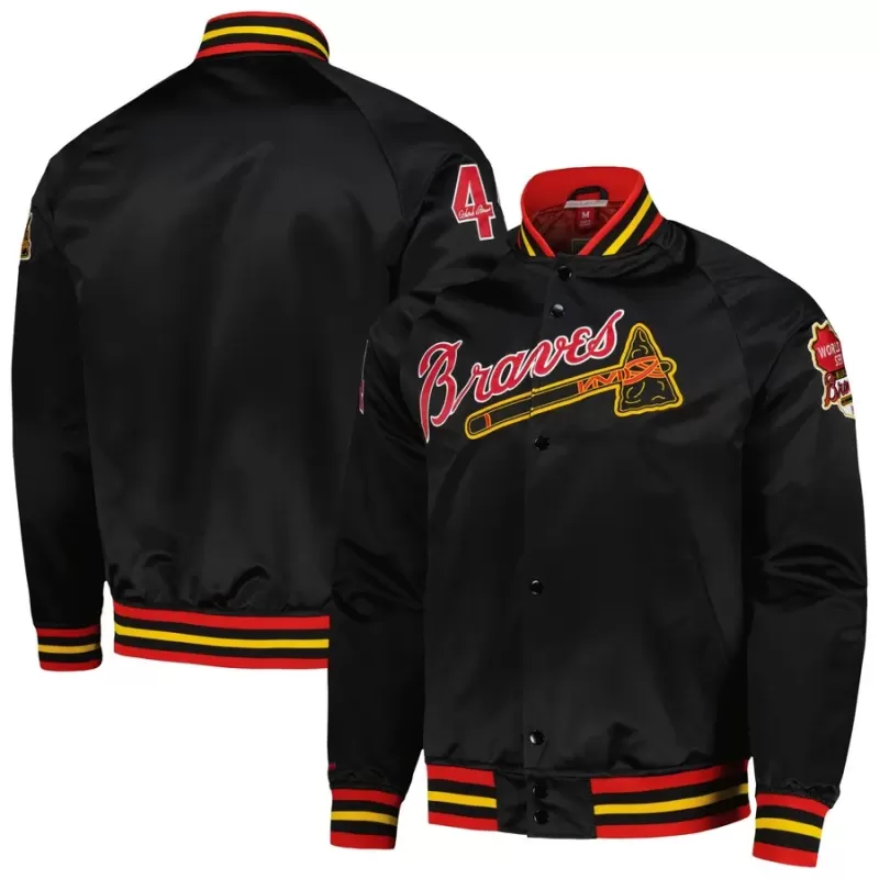 Men's Milwaukee Braves Hank Aaron Mitchell & Ness Black Cooperstown Collection Legends Lightweight Satin Raglan Full-Snap Jacket Men's Milwaukee Braves Hank Aaron Mitchell & Ness Black Cooperstown Collection Legends Lightweight Satin Raglan Full-Snap Jacket
