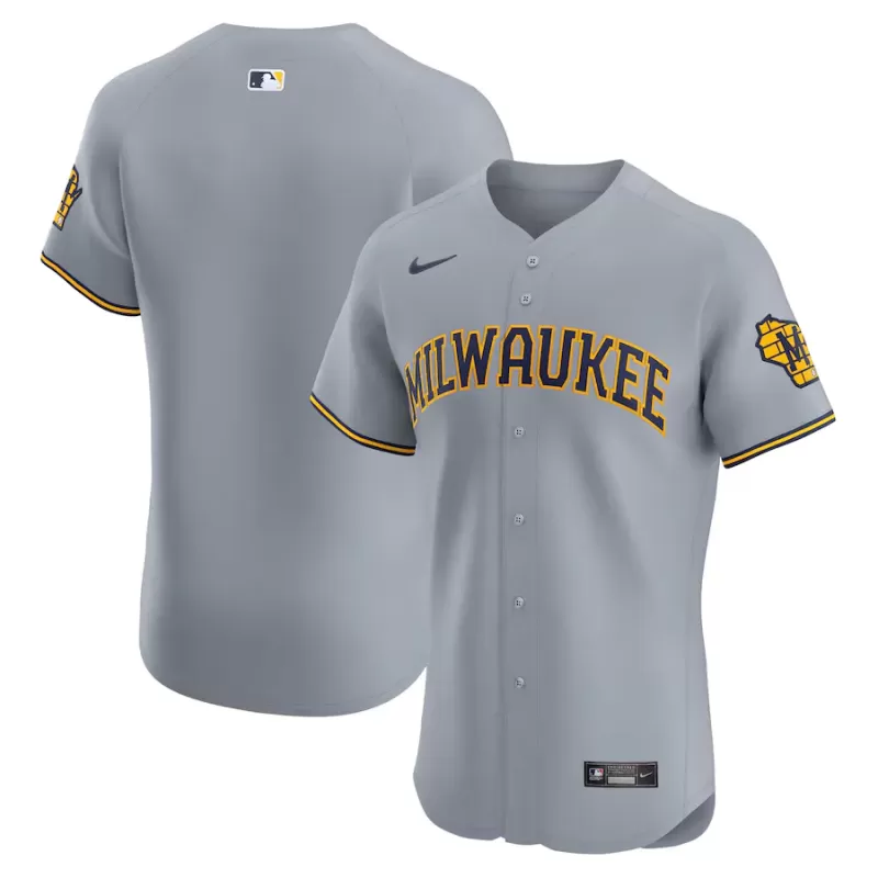 Men's Milwaukee Brewers Nike Gray Road Vapor Premier Elite Patch Jersey Men's Milwaukee Brewers Nike Gray Road Vapor Premier Elite Patch Jersey