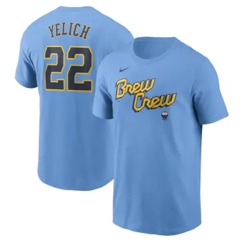 Men's Milwaukee Brewers Christian Yelich Nike Powder Blue City Connect Fuse Name & Number T-Shirt Men's Milwaukee Brewers Christian Yelich Nike Powder Blue City Connect Fuse Name & Number T-Shirt