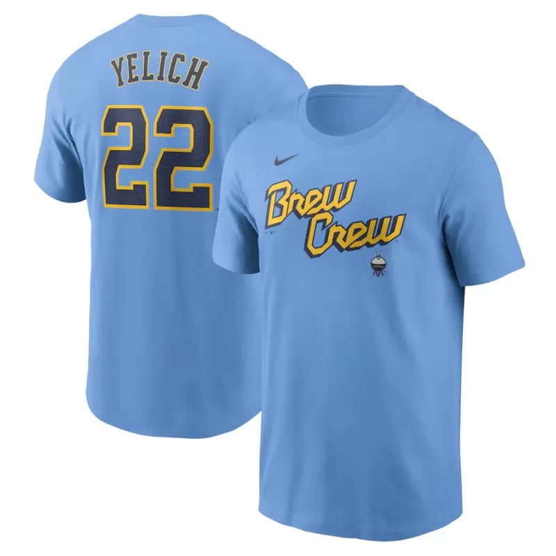 Men's Milwaukee Brewers Christian Yelich Nike Powder Blue City Connect Fuse Name & Number T-Shirt Men's Milwaukee Brewers Christian Yelich Nike Powder Blue City Connect Fuse Name & Number T-Shirt