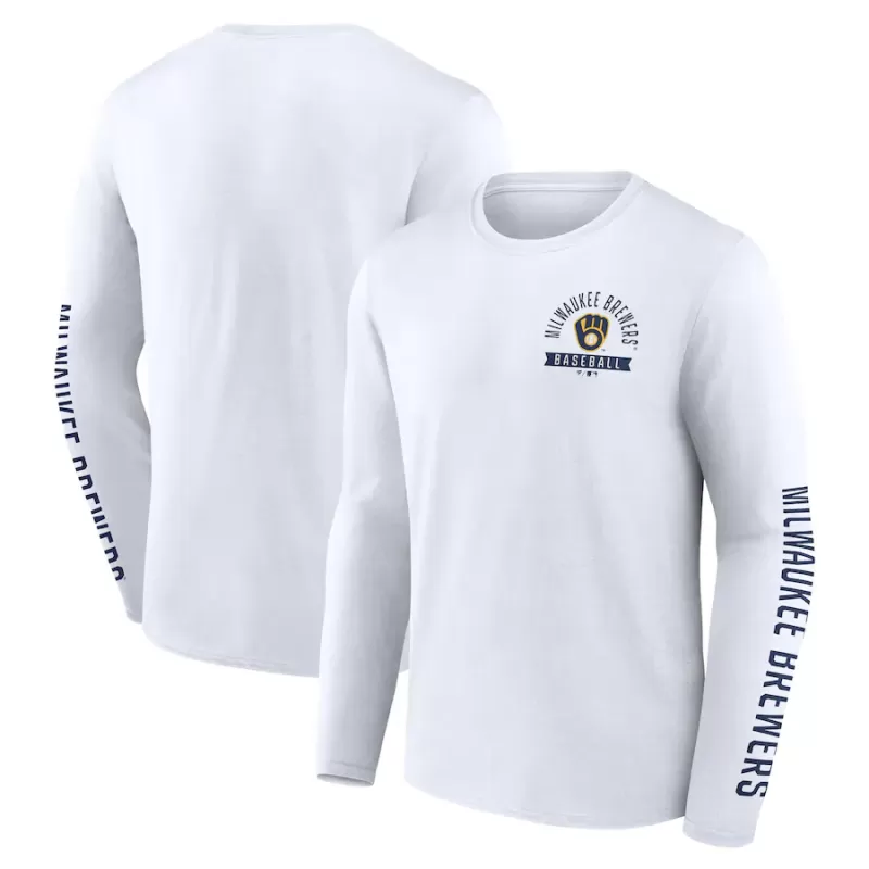 Men's Milwaukee Brewers Fanatics White Press Box Long Sleeve T-Shirt Men's Milwaukee Brewers Fanatics White Press Box Long Sleeve T-Shirt