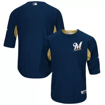 Men's Milwaukee Brewers Majestic Navy/Gold Authentic Collection On-Field 3/4-Sleeve Batting Practice Jersey Men's Milwaukee Brewers Majestic Navy/Gold Authentic Collection On-Field 3/4-Sleeve Batting Practice Jersey