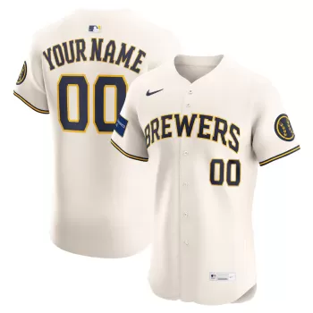 Men's Milwaukee Brewers Nike Cream Home Elite Sponsor Patch Custom Jersey Men's Milwaukee Brewers Nike Cream Home Elite Sponsor Patch Custom Jersey