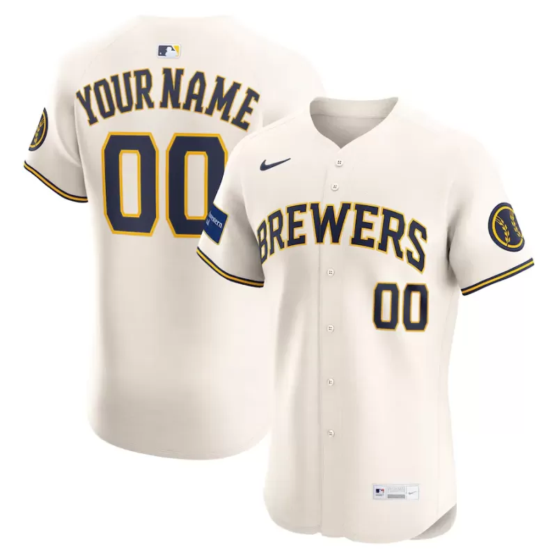 Men's Milwaukee Brewers Nike Cream Home Elite Sponsor Patch Custom Jersey Men's Milwaukee Brewers Nike Cream Home Elite Sponsor Patch Custom Jersey