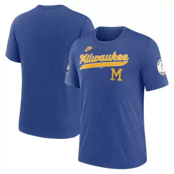 Men's Milwaukee Brewers Nike Heather Royal Cooperstown Collection Eras Tri-Blend T-Shirt Men's Milwaukee Brewers Nike Heather Royal Cooperstown Collection Eras Tri-Blend T-Shirt