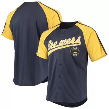 Men's Milwaukee Brewers Stitches Navy Button-Down Raglan Replica Jersey Men's Milwaukee Brewers Stitches Navy Button-Down Raglan Replica Jersey