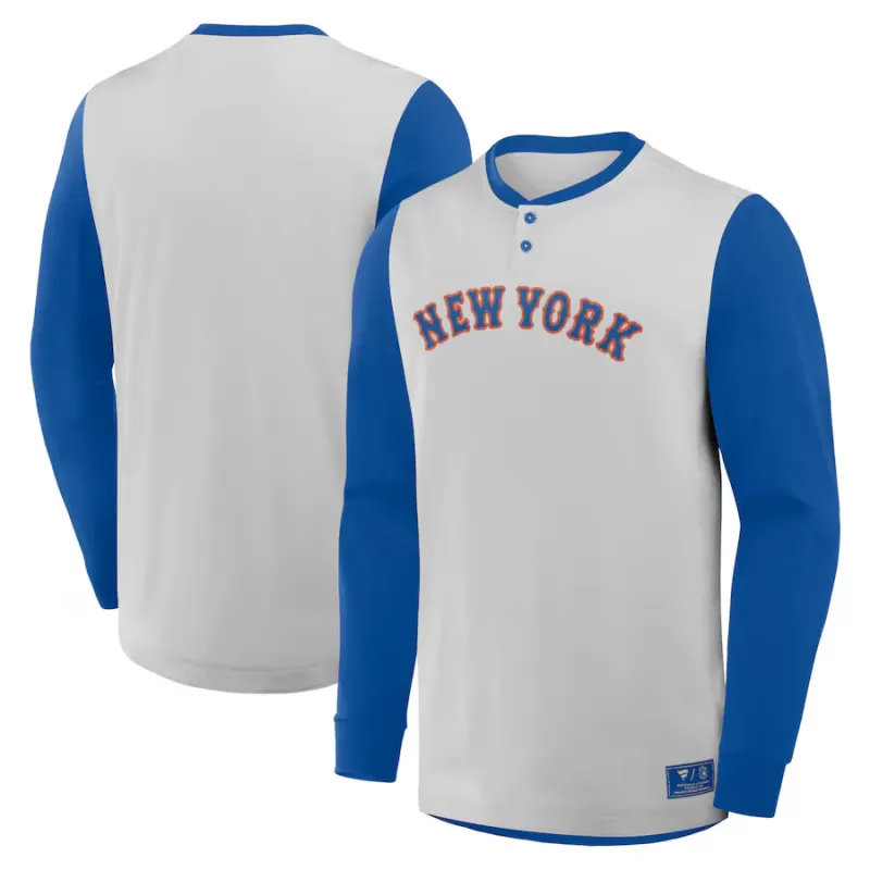 Men's New York Mets Fanatics Gray/Royal Clubhouse Long Sleeve Henley Shirt