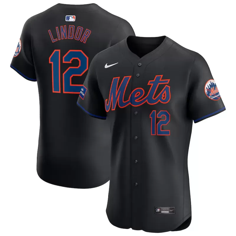 Men's New York Mets Francisco Lindor Nike Black Alternate Elite Sponsor Patch Player Jersey Men's New York Mets Francisco Lindor Nike Black Alternate Elite Sponsor Patch Player Jersey