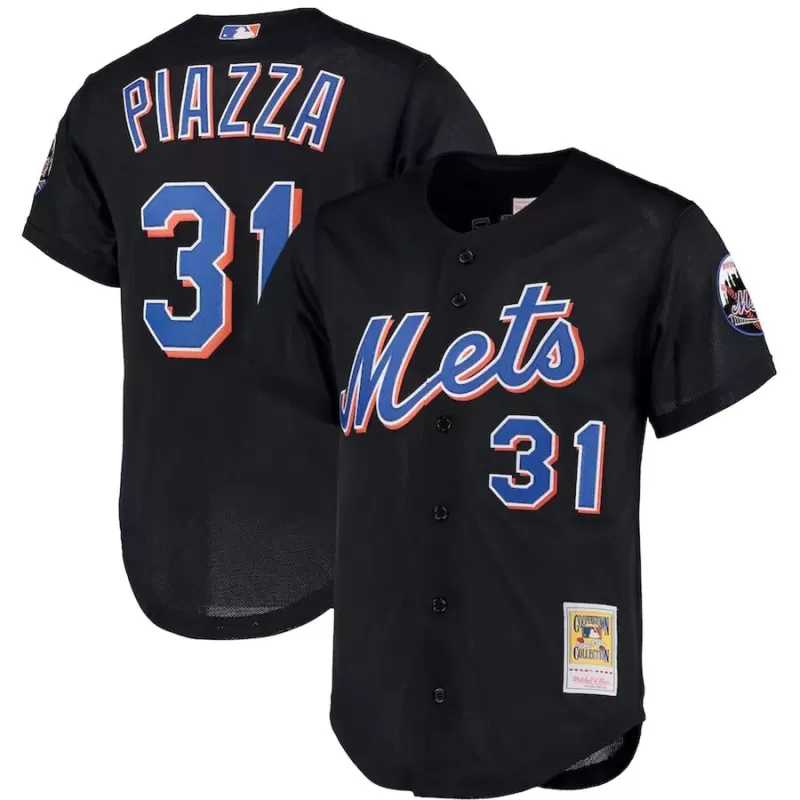 Men's New York Mets Mike Piazza Mitchell & Ness Black Big & Tall Cooperstown Collection Mesh Button-Up Jersey Men's New York Mets Mike Piazza Mitchell & Ness Black Big & Tall Cooperstown Collection Mesh Button-Up Jersey