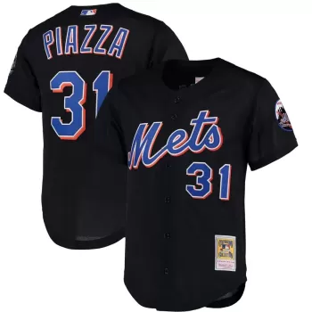 Men's New York Mets Mike Piazza Mitchell & Ness Black Cooperstown Collection Mesh Batting Practice Button-Up Jersey
