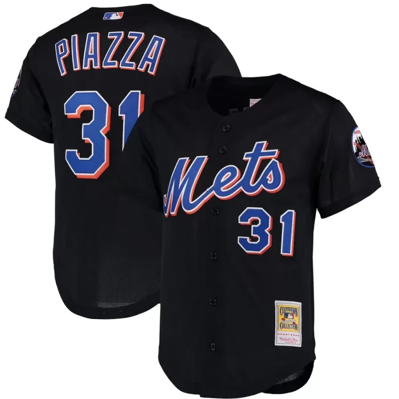 Men's New York Mets Mike Piazza Mitchell & Ness Black Cooperstown Collection Mesh Batting Practice Button-Up Jersey Men's New York Mets Mike Piazza Mitchell & Ness Black Cooperstown Collection Mesh Batting Practice Button-Up Jersey