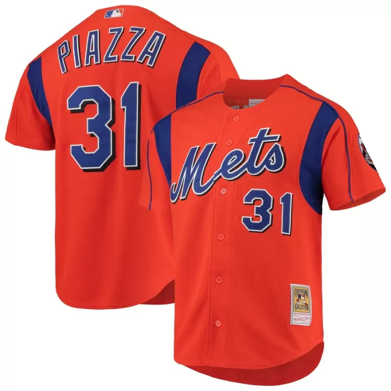 Men's New York Mets Mike Piazza Mitchell & Ness Orange Cooperstown Collection Mesh Batting Practice Button-Up Jersey Men's New York Mets Mike Piazza Mitchell & Ness Orange Cooperstown Collection Mesh Batting Practice Button-Up Jersey