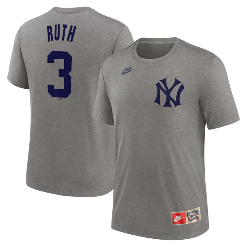 Men's New York Yankees Babe Ruth Nike Heather Gray Cooperstown Collection Tri-Blend Name & Number T-Shirt Men's New York Yankees Babe Ruth Nike Heather Gray Cooperstown Collection Tri-Blend Name & Number T-Shirt