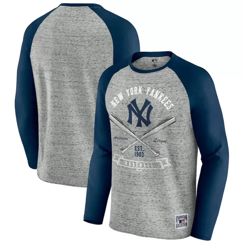 Men's New York Yankees Darius Rucker Collection by Fanatics Heather Gray Raw Edge Raglan Long Sleeve Baseball T-Shirt Men's New York Yankees Darius Rucker Collection by Fanatics Heather Gray Raw Edge Raglan Long Sleeve Baseball T-Shirt