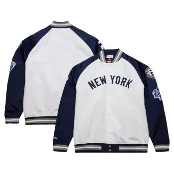 Men's New York Yankees Derek Jeter Mitchell & Ness White/Navy Cooperstown Collection Legends Lightweight Satin Raglan Full-Snap Jacket Men's New York Yankees Derek Jeter Mitchell & Ness White/Navy Cooperstown Collection Legends Lightweight Satin Raglan Full-Snap Jacket