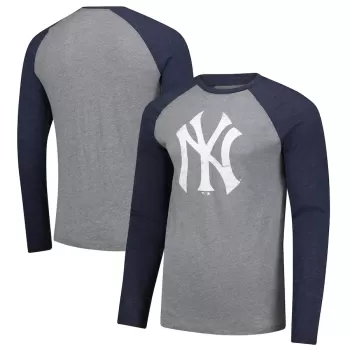 Men's New York Yankees Fanatics Heather Gray/Heather Navy Weathered Logo Tri-Blend Raglan Long Sleeve T-Shirt Men's New York Yankees Fanatics Heather Gray/Heather Navy Weathered Logo Tri-Blend Raglan Long Sleeve T-Shirt