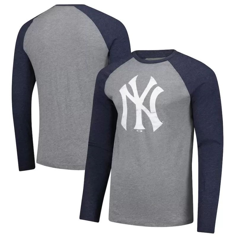 Men's New York Yankees Fanatics Heather Gray/Heather Navy Weathered Logo Tri-Blend Raglan Long Sleeve T-Shirt