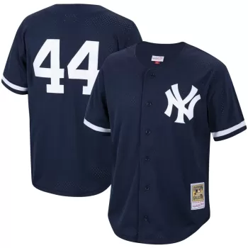 Men's New York Yankees Reggie Jackson Mitchell & Ness Navy Cooperstown Collection Mesh Batting Practice Button-Up Jersey Men's New York Yankees Reggie Jackson Mitchell & Ness Navy Cooperstown Collection Mesh Batting Practice Button-Up Jersey
