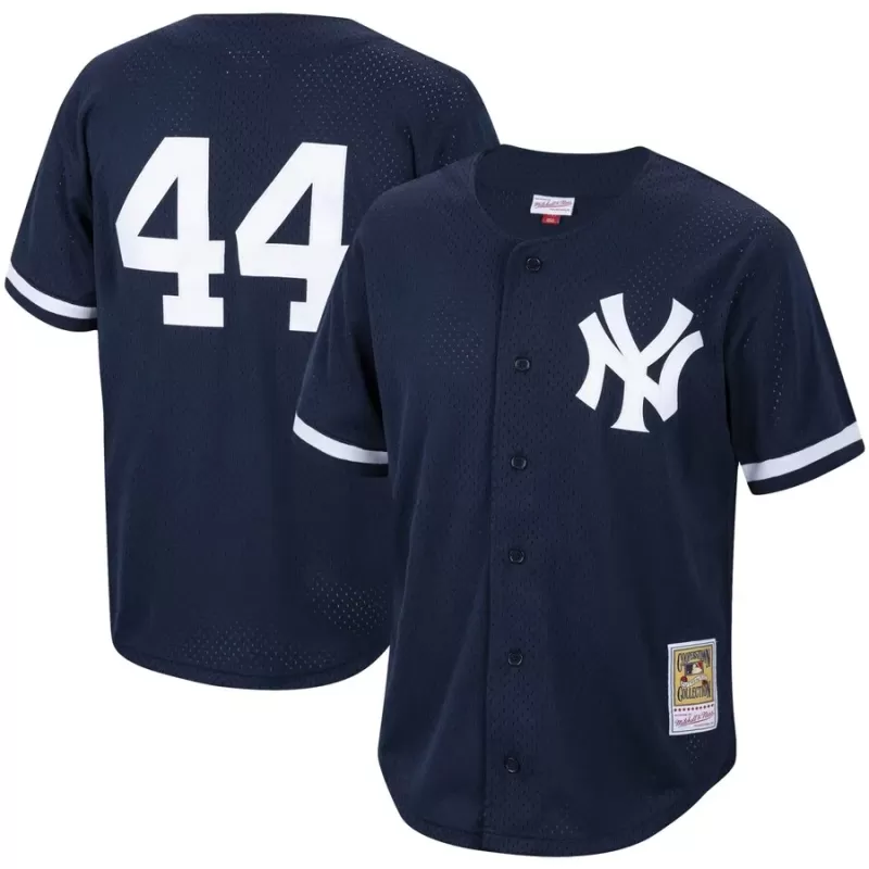 Men's New York Yankees Reggie Jackson Mitchell & Ness Navy Cooperstown Collection Mesh Batting Practice Button-Up Jersey Men's New York Yankees Reggie Jackson Mitchell & Ness Navy Cooperstown Collection Mesh Batting Practice Button-Up Jersey