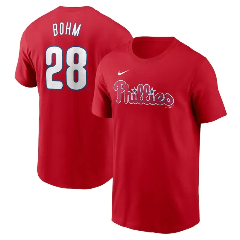 Men's Philadelphia Phillies Alec Bohm Nike Red Fuse Name & Number T-Shirt