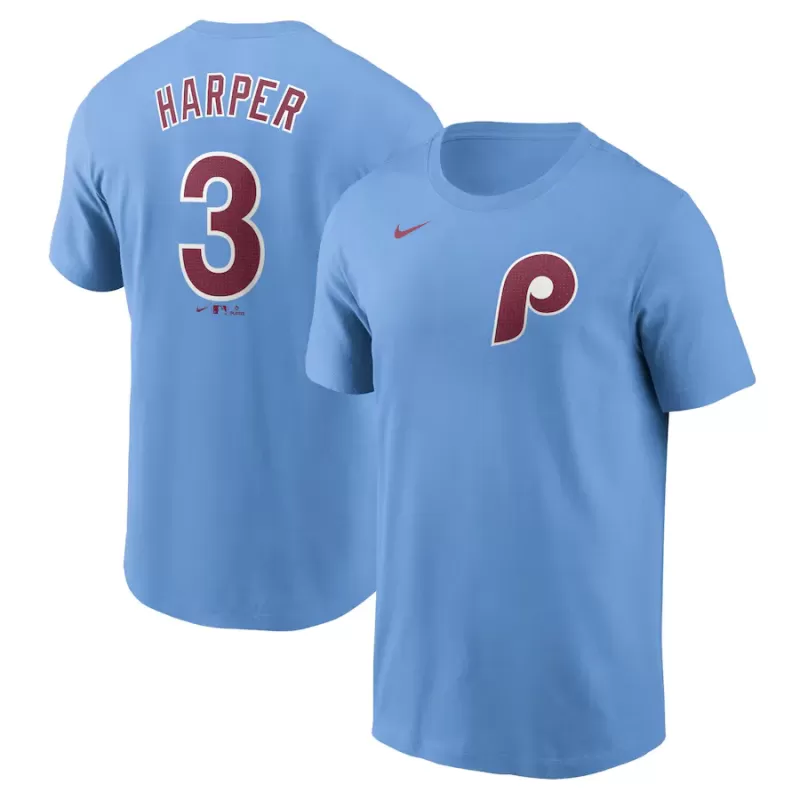 Men's Philadelphia Phillies Bryce Harper Nike Light Blue Fuse Name & Number T-Shirt Men's Philadelphia Phillies Bryce Harper Nike Light Blue Fuse Name & Number T-Shirt